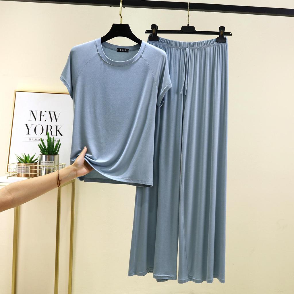 Damen Sommer Freizeit Modal Pyjama Set - Kurzarm T-Shirt & Hose, Übergröße, Bequeme zweiteilige Homewear