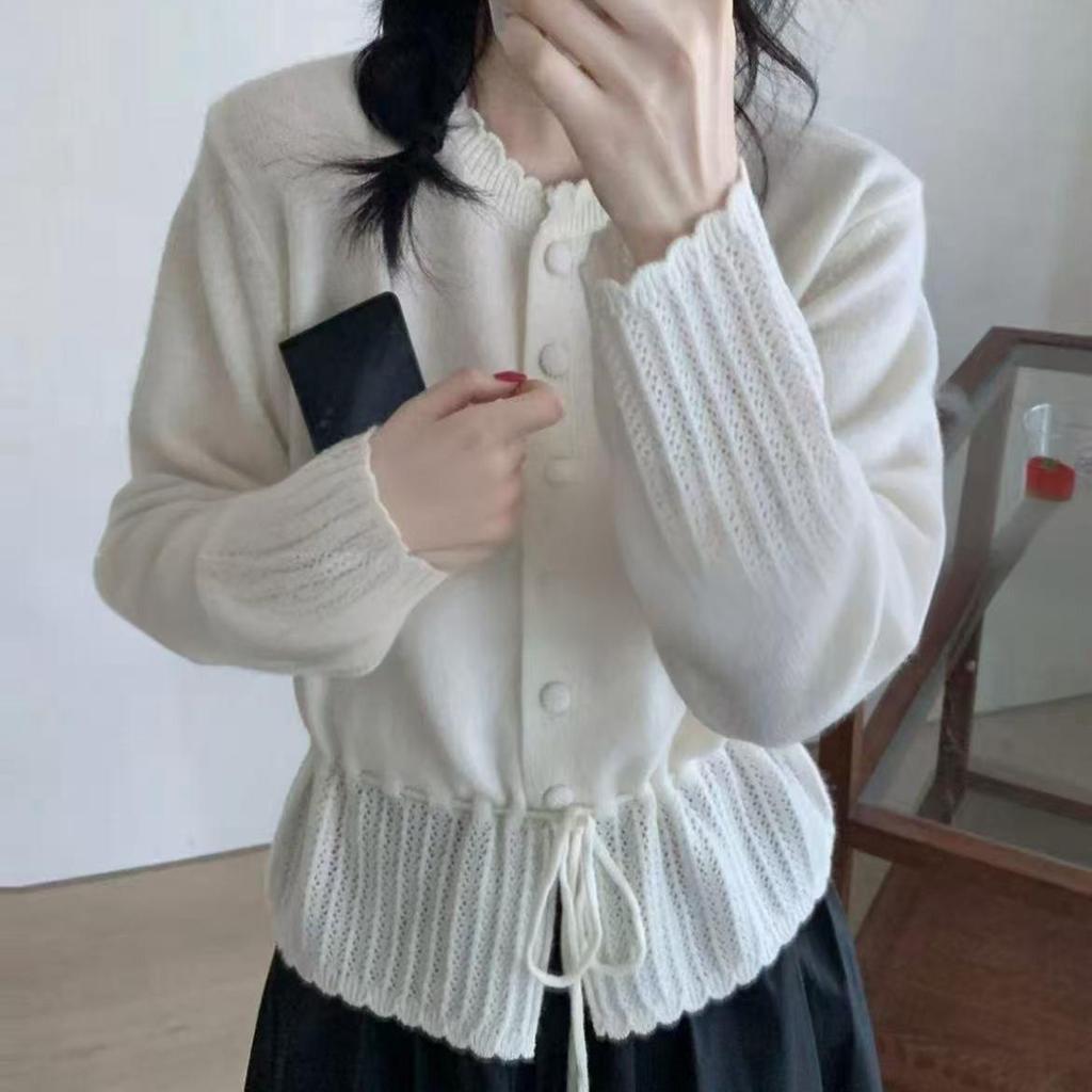 Korean-Style Lace Hem Knit Cardigan with Waist-Cinching Drawstring - Trendy Women's Petite Design