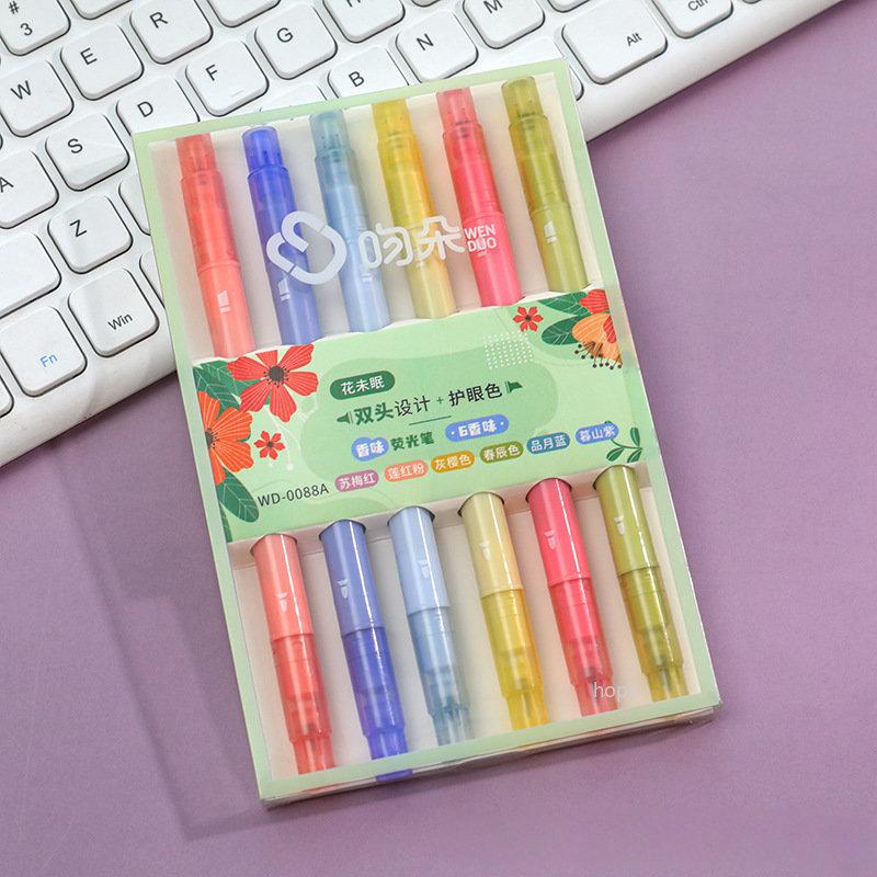 6/5Colors/box Double Headed Highlighter Pen Collection Fluorescent Markers Highlighters Pens Art Marker Japanese Charming Kawaii Stationery