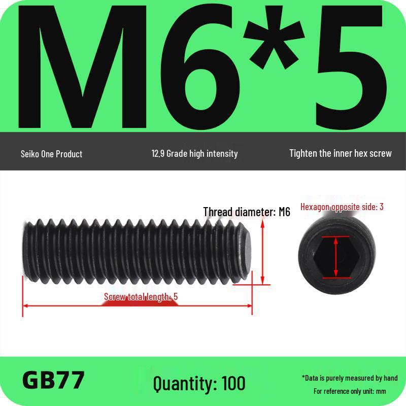 Class 12.9 Inner Hex Flat Head Headless Grub Screw M3-M12