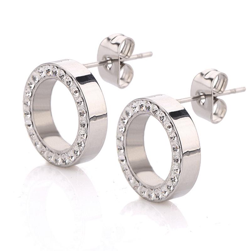 13MM Rhinestone Inlaid Hollow Stainless Steel Round Earrings