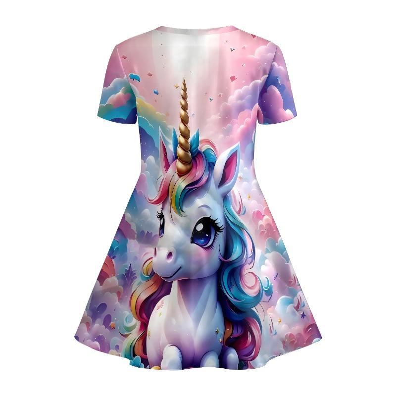 Women's Unicorn Printed T-shirt Dress, Rainbow Cloud Casual Dress, Suitable for Children's Parties, Birthdays and Gifts