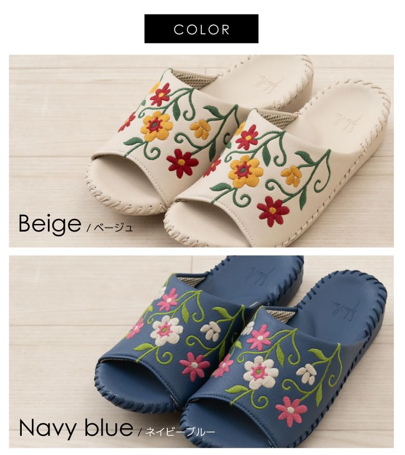 Sybilla Floracion Size M Navy 41429 Slippers, (approx. 22.5-23.5cm), Senko, Blue,