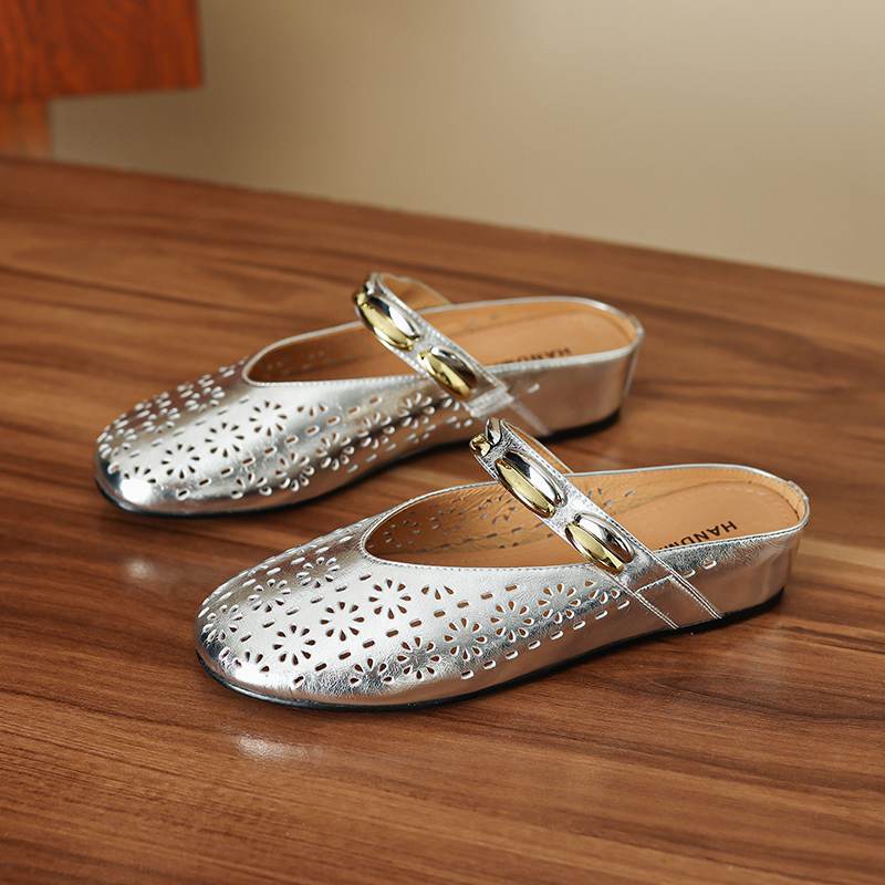 Krazing Pot Cow Skin Mules Round Toe Size 42 Low Heels Slip On Light Shoes Increased Hollow Style Autumn Pumps