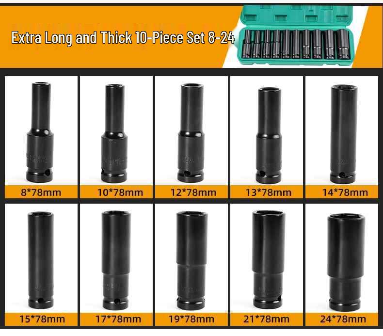 Extended Electric Socket Wrench Set with Large, Medium & Small Hexagonal Air Gun Heads for Auto Repair