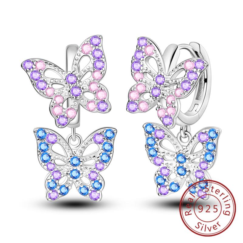 New Original 925 Silver Hoop Earrings Purple Zircon Flowers Butterflies Studs Earring For Women Wedding Engagement Gift