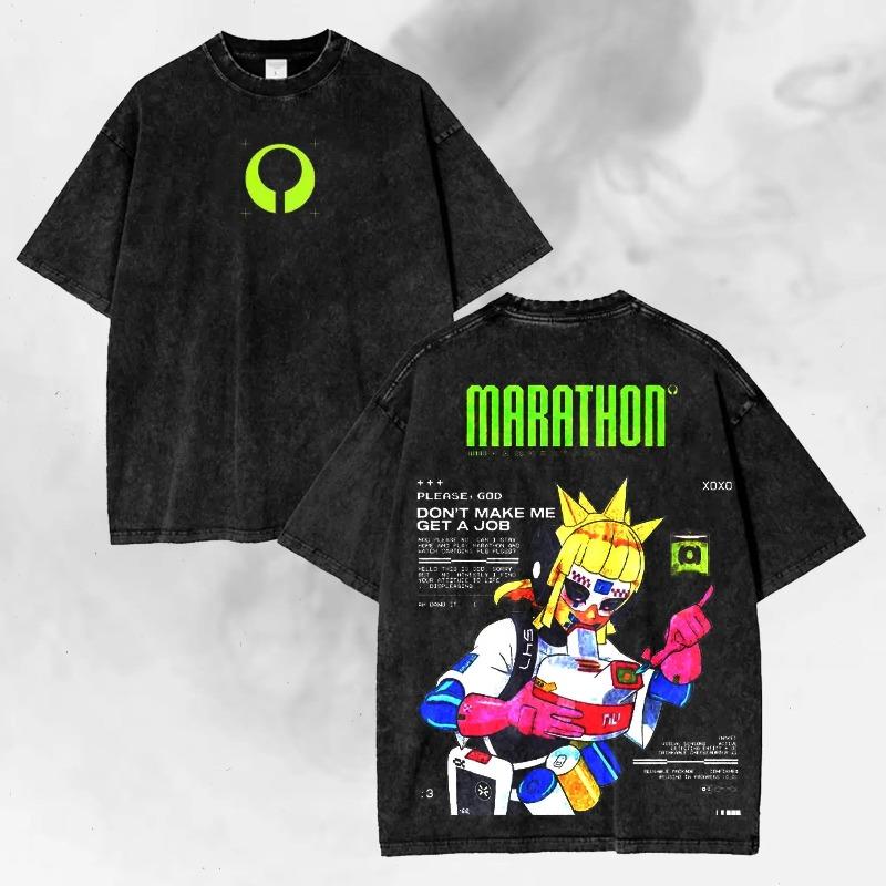Vintage Wash Neon Cyber Runner Soldier Graphic T-Shirt, Futuristic Sci-Fi Shooter Armor Tee Women and Man T-Shirt Washed T-shirt
