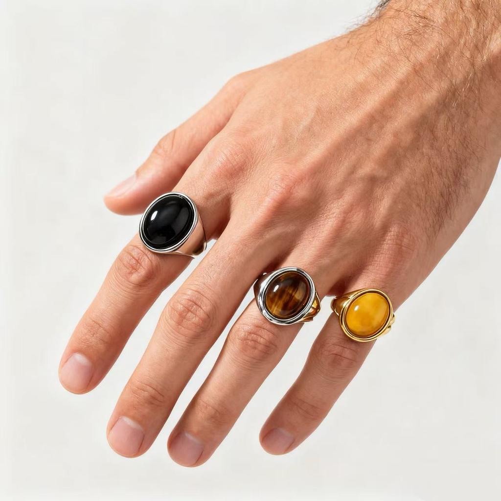 HNSP 316L Stainless Steel Oval Natural Stone Ring For Men Women Finger Vintage Black Green Tiger Eye Male Rings