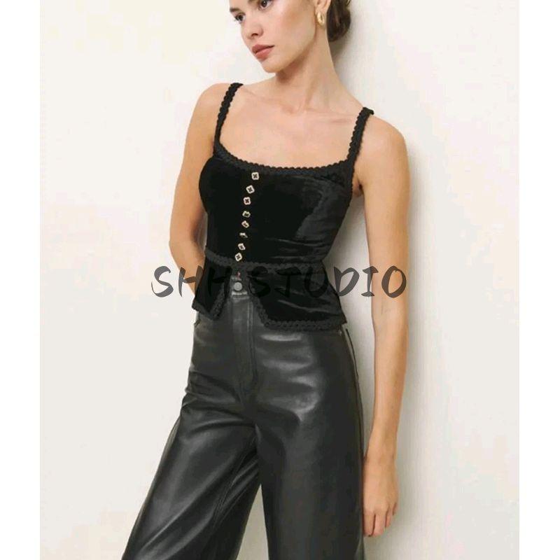 Spring New Women's Clothing French Sexy Style Lace Silm Four-Leaf Clover Decorative Buttons Velvet Spaghetti Straps Vest