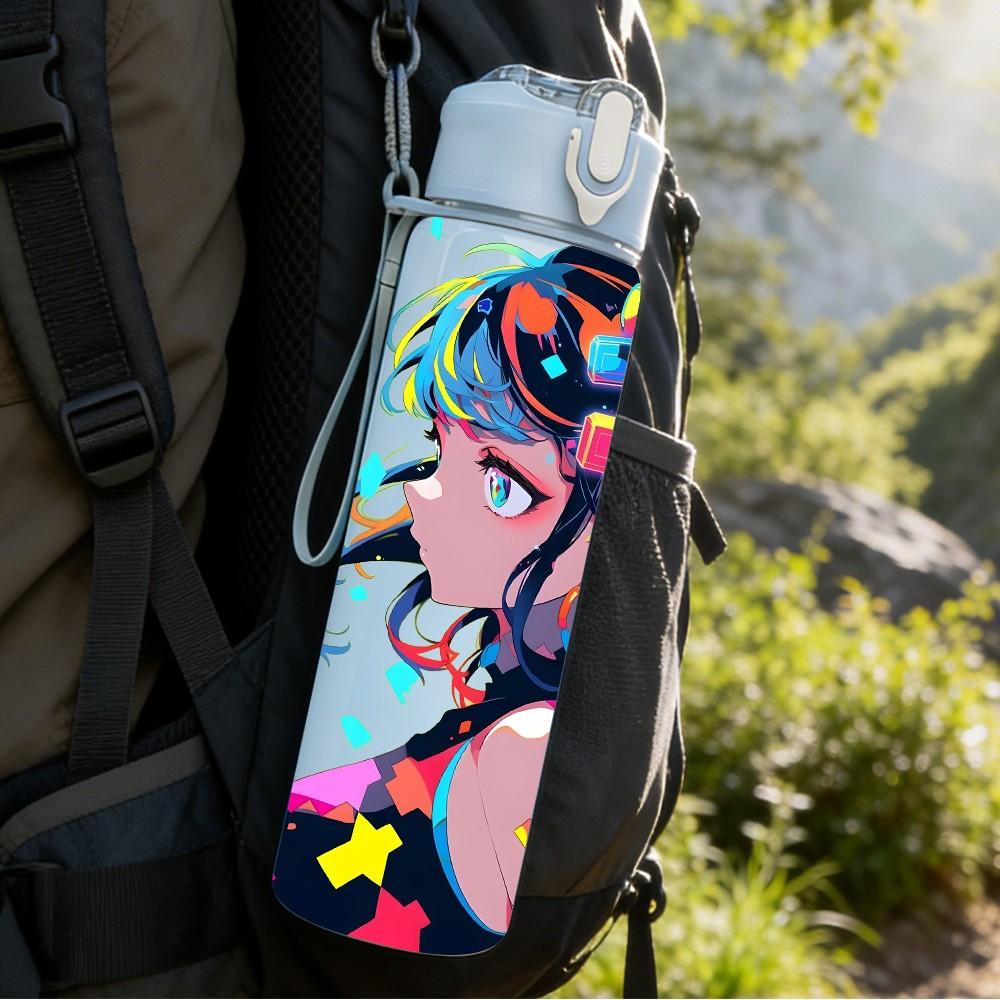 1PC Multicolor Hair Anime Girl Pop Character 750ml Color Plastic Sports Water Bottle Leakproof Flip Straw Lid Suitable for Sports Office Home Use