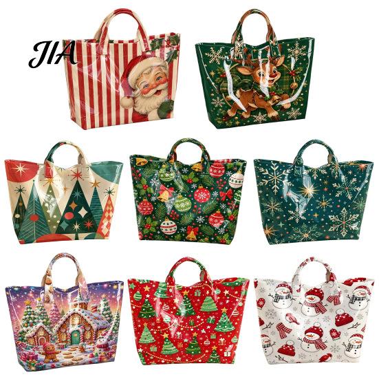 Reinforced Handle Carrying Bag Christmas PVC Tote Bag, Large Waterproof Shoulder Santa Deer Tree Stylish Holiday Gift Print, Reusable Grocery