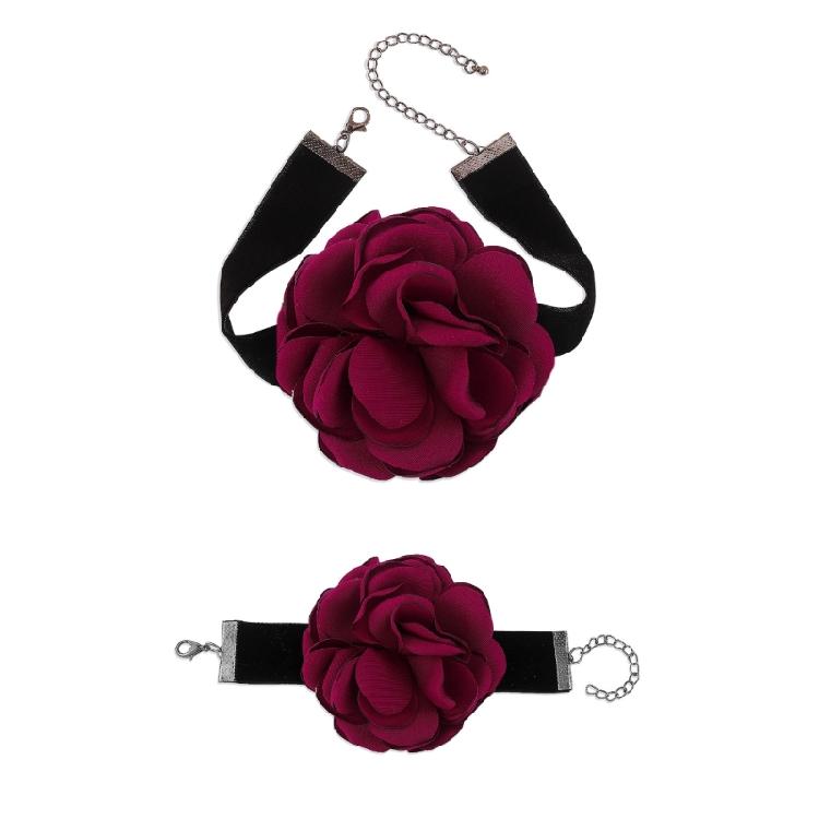 

2Pcs Handmade Rose Necklace Elegant Collar Bohemian Exaggerated Flocking Cloth Flower Bracelet Accesssories for Women 1 красный