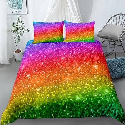 Regenbogen Bettbezug Set Buntes Glitzer Regenbogen Bettwäsche Set für Kind Junge Mädchen Mehrfarbiger Bettdeckenbezug Polyester Steppdeckenbezug