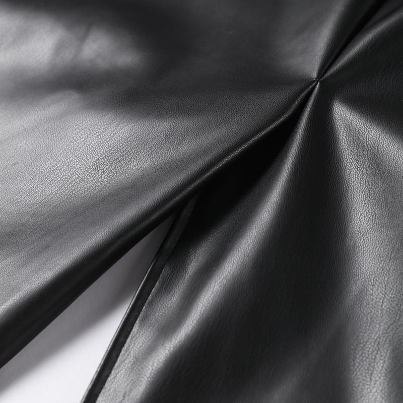 Contrast Leather Long Women Jacket Lace Up Lapel Long Sleeve Female Maxi Pu Jackets Autumn Winter Street Pocket Lady Coat