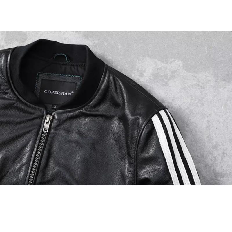 Embroidery Patches Baseball Jackets Genuine Cowhide Leather Jacket Men Motorcycle Biker Coats Autumn Mens Coat