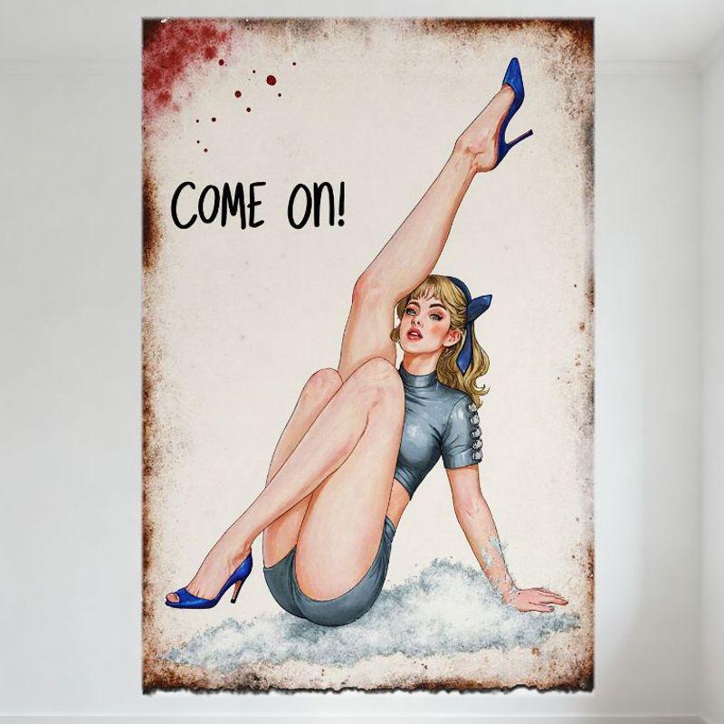 

Vintage Sexy Pin-up Acrobatic Woman Metal Tin Sign, COME ON! Retro Distressed Wall Decor for Bar Pub Home Cafe, 8x12 Inch 20x30cm（7.8x11.8inch）