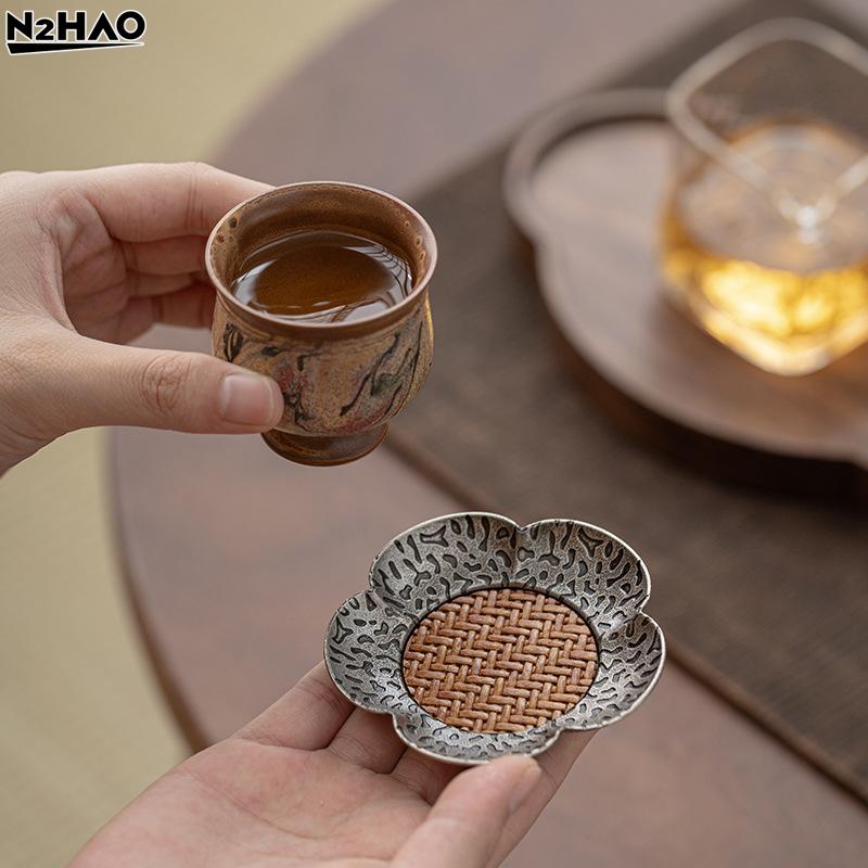 1PC 7cm Metal Cup Mat Woven Rattan Coaster Tea Ceremony Accessories Modern Home Decor Chinese Style Gongfu TeaSet Unique Gift
