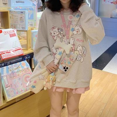 Y2k Harajuku Kawaii Hoodie Women Japanese Fashion Cute Casual Cat Print Soft Gril Loose Sweatshirt Gray Preppy Style