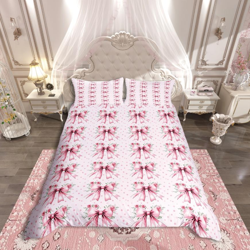 Homewish Kawaii Ribbon Bowknot Duvet Cover SetDreamy Princess Bedding SetCartoon Bow Comforter Cover Set