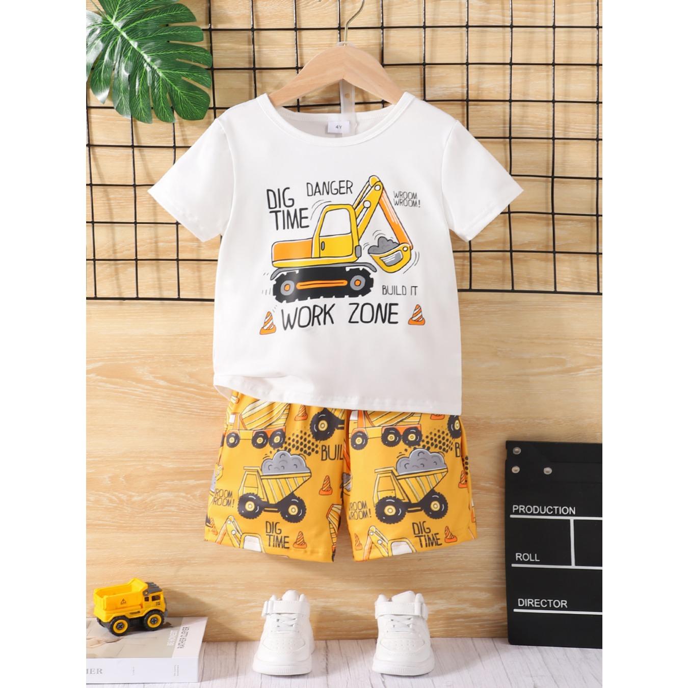 

Boys Short-Sleeved Set Summer Excavator Print T-Shirt Short Pants Children s Summer Casual 5-6Y
