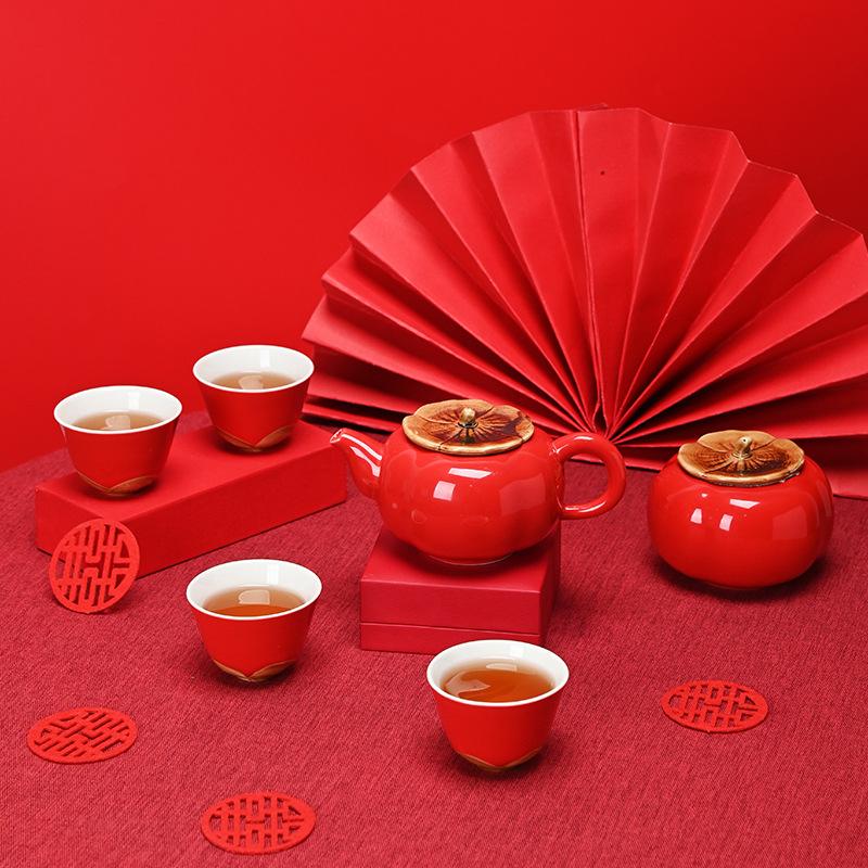 Kaki Kung Fu Tee-Set Alles Wünscht Kaki Kaki Keramik Geschenkbox Begleiter Rot Festlich Hochzeitsgeschenk