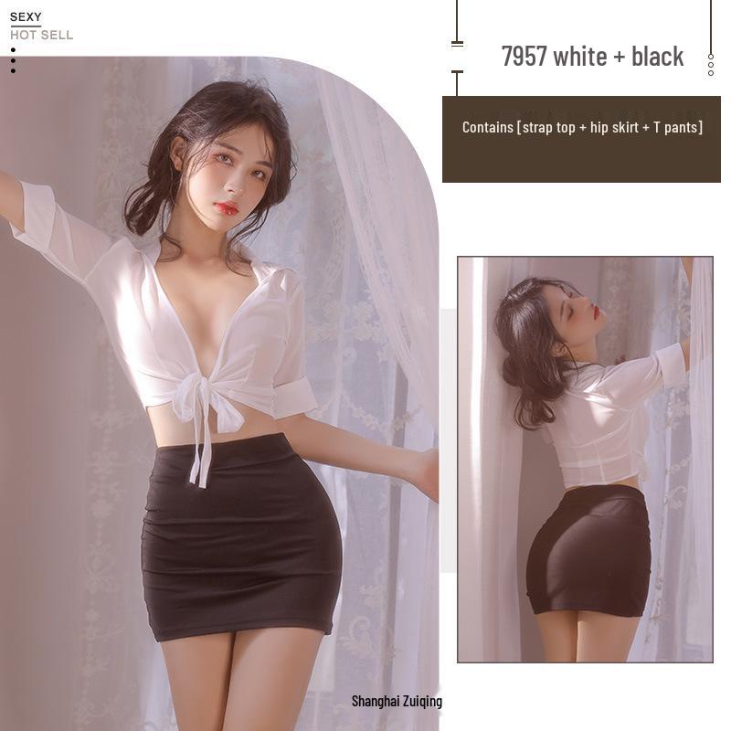 Feimu Sexy Secretary Lingerie Set: See-Through Professional Suit with Skirt