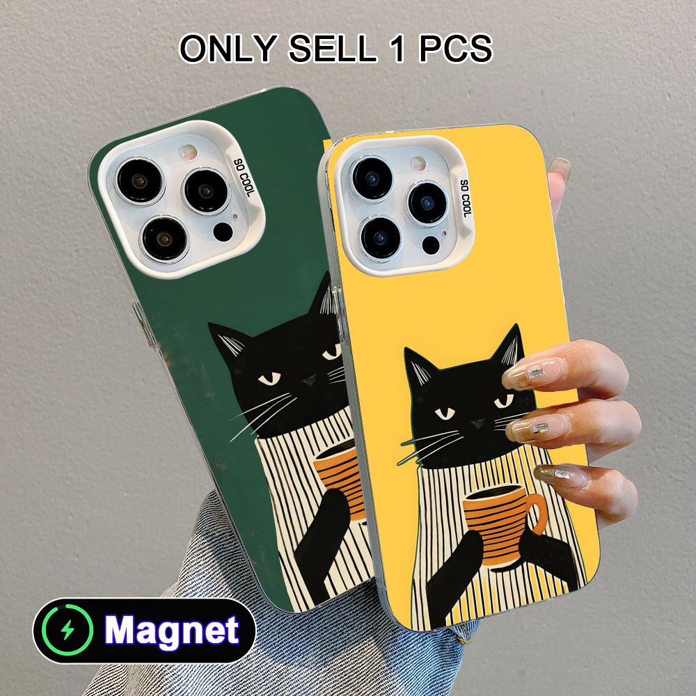 Cute Coffee Cat White Translucent MagSafe Mobile Phone Case for iPhone 17 16 15 14 13 12 11 X XR XS Air Pro Max Plus Cover
