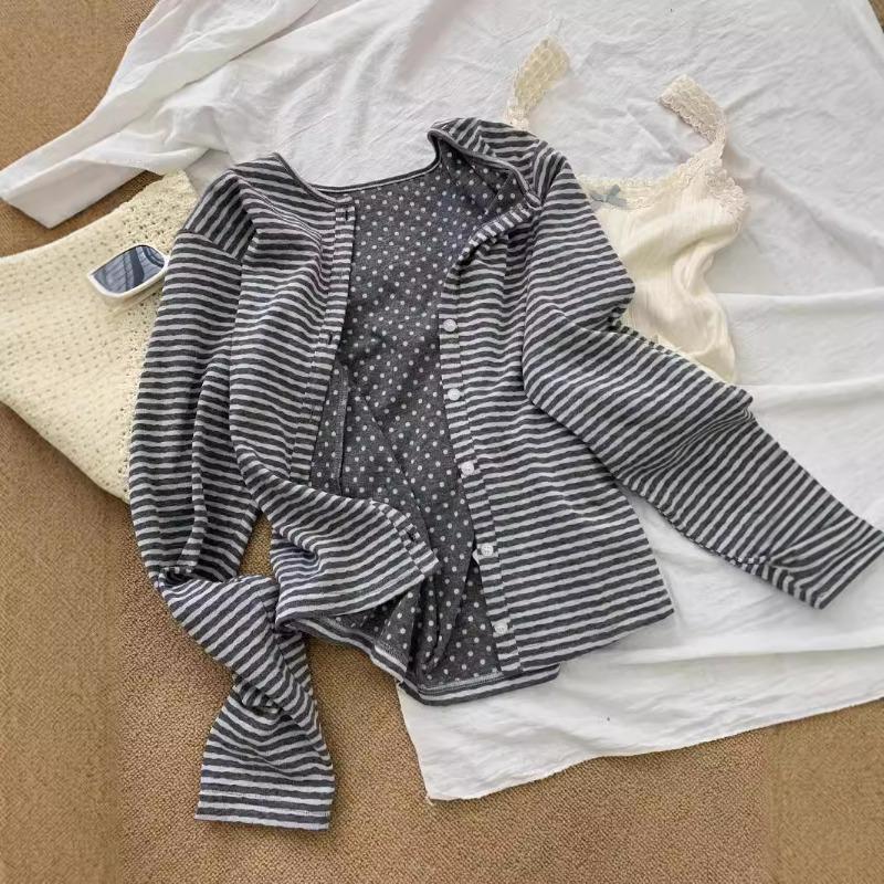 A single-breasted cardigan women's spring, autumn and winter striped polka dot round neck long-sleeved top casual jacket