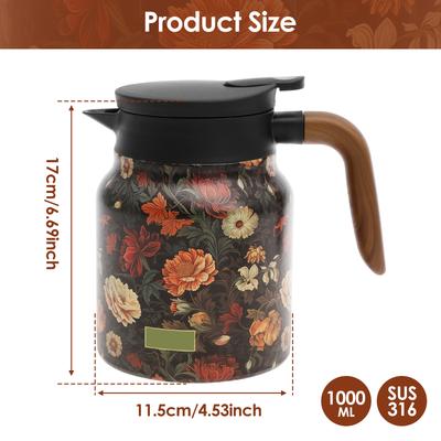 Thermal Tea Pot with Handle Built In Infuser Stainless Steel Insulated Tea Kettle Flower Pattern Insulated Infuser Pot for Home