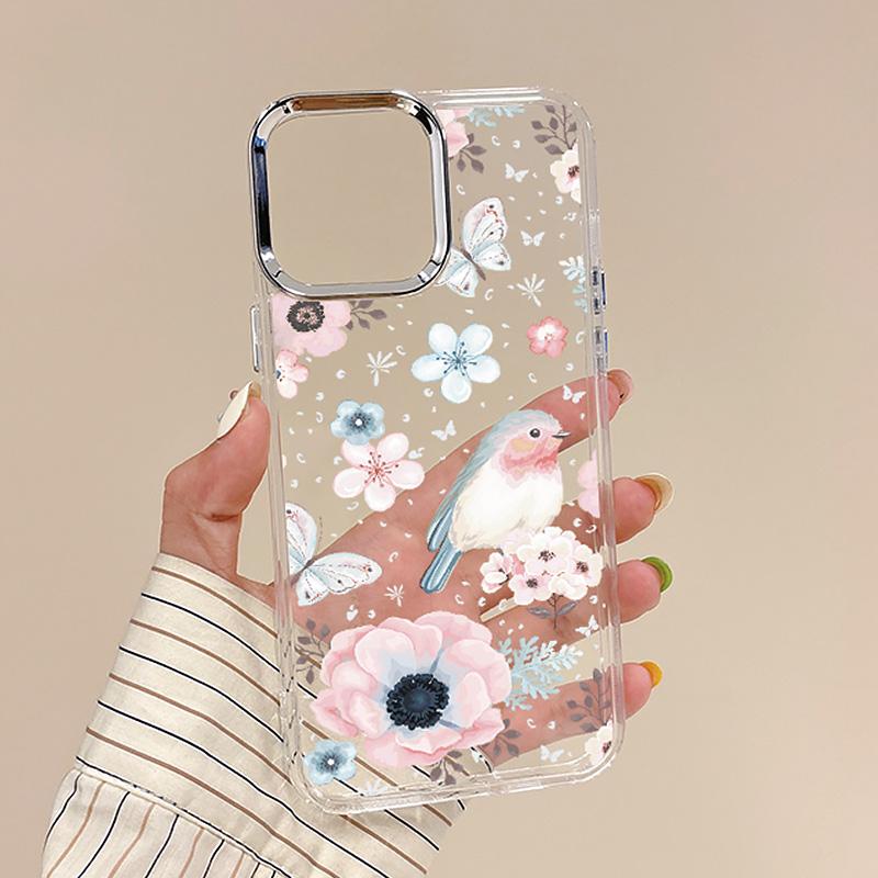 Plating Retro Flowers Pattern Case For iPhone 16 15 14 Pro Max Plus 12 13 Pro 11 Electroplating Lens Frame Clear Cover
