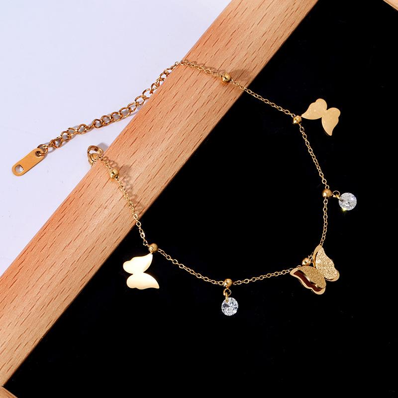 Titanium steel zircon double-layer butterfly pendant anklet fashion light luxury bracelet exquisite personality ankle jewelry women's high sense
