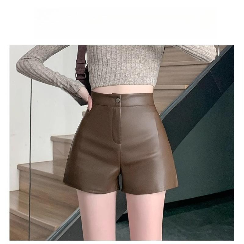 Women's Fall Spring Outer Wear High Waisted A-Line Slimming Petite Fashion Wide Leg PU Leather Shorts Coffee Mini Shorts