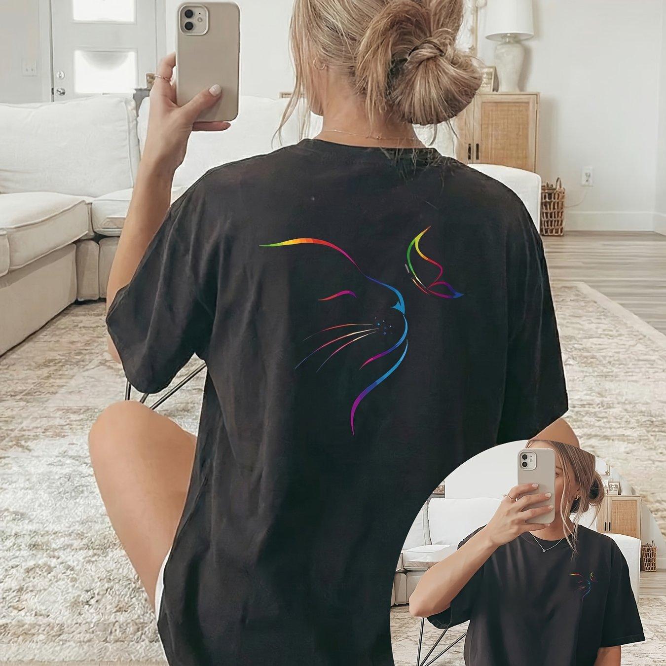 

Plus Size Summer Womens Rainbow Gradient Cat Head Print TShirt Cotton Breathable Stylish Versatile Street Style Oversized 4XL