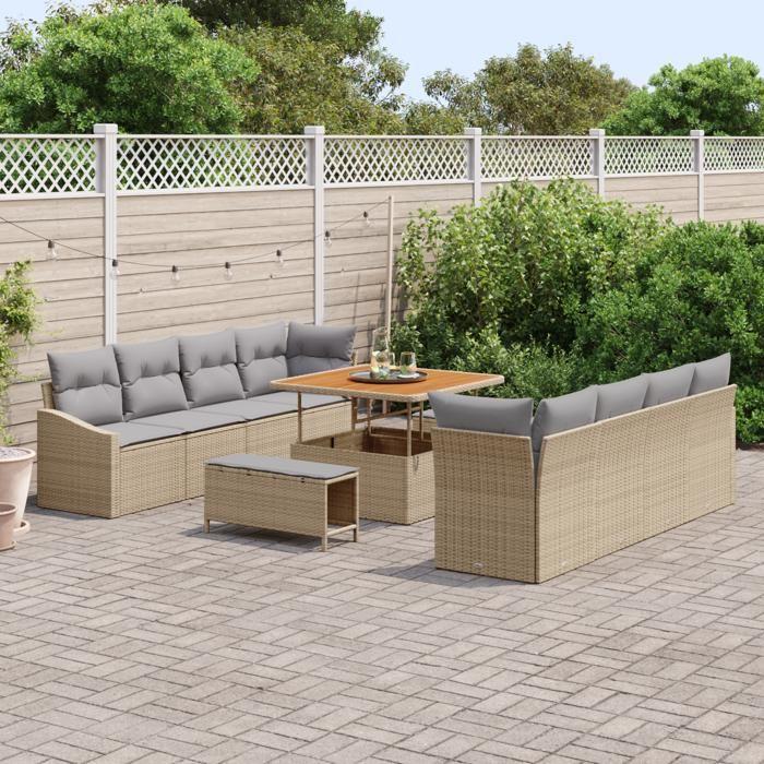 Ensemble de canapé de jardin 11 pièces avec coussins Beige Rotin synthétique Acacia, Canapé 2 places avec rangement 3364587