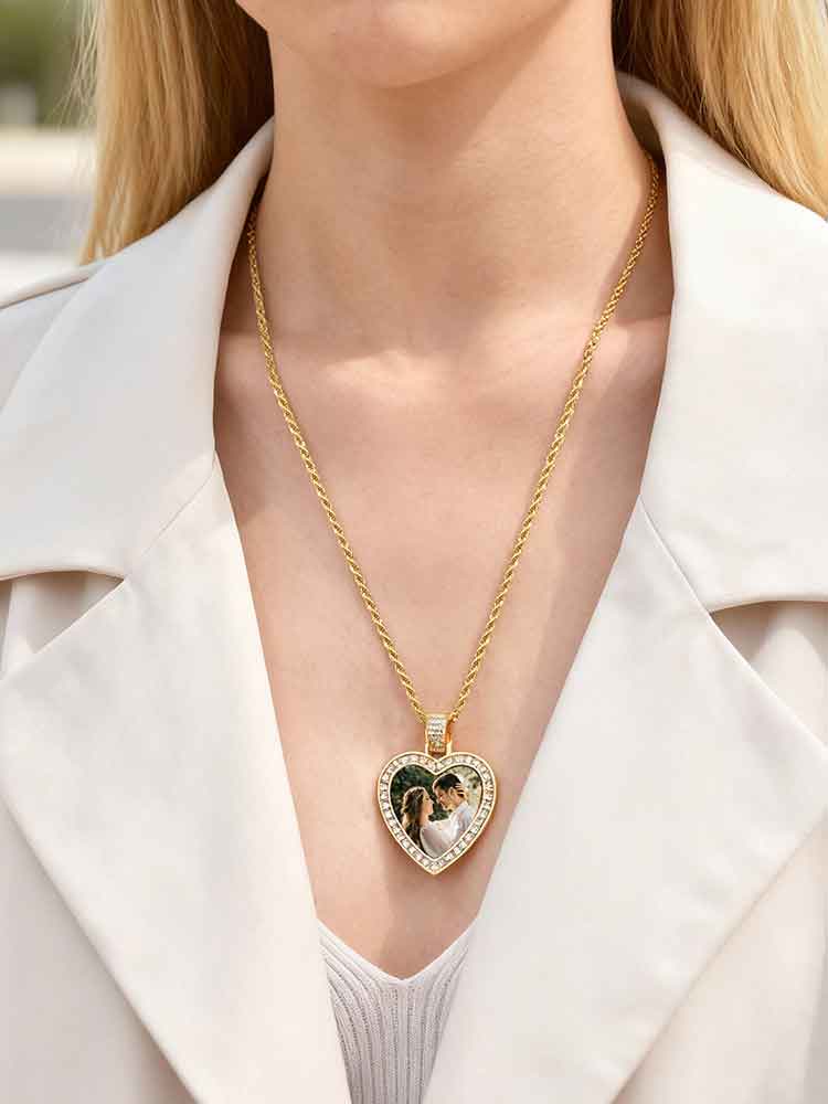 Sparking Inlaid Zircon Heart Locket Pendant Custom Photo Picture Necklace Personalized Jewelry Lover Friend Family Gift