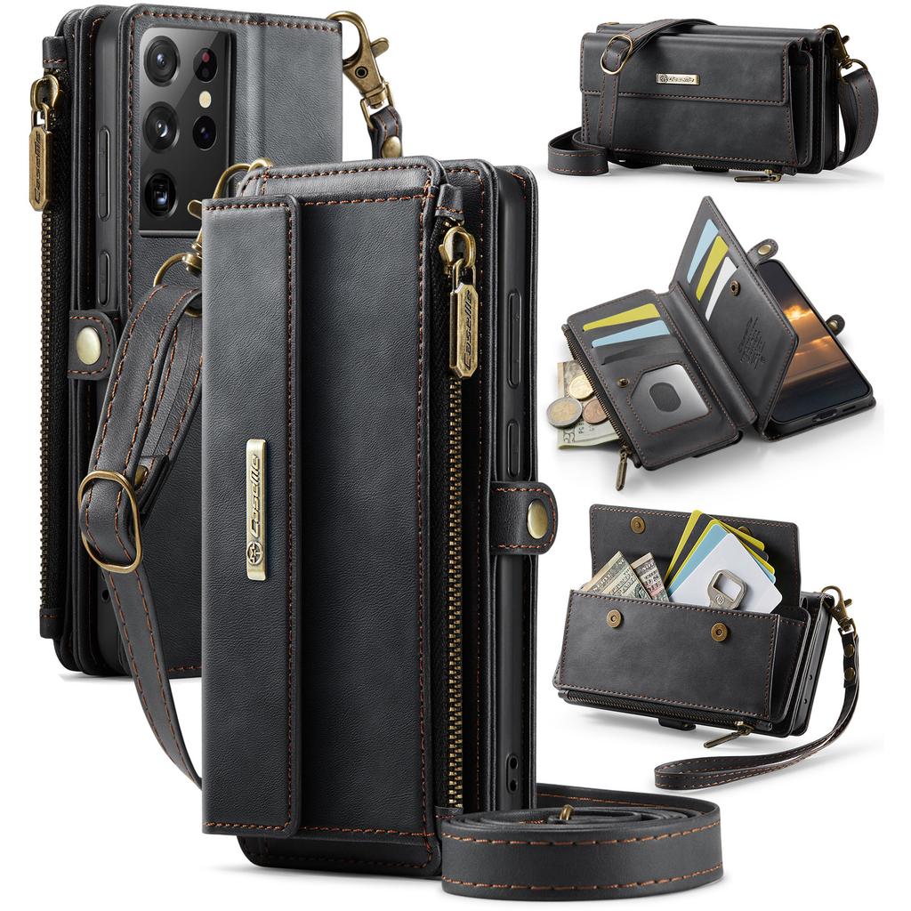 For Samsung Galaxy S21 Ultra 5G Case CASEME C39 RFID Blocking Zipper Wallet Stand Leather Cover with Strap