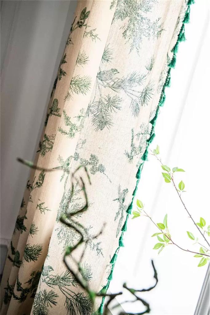Cortinas Boho con Borla Verde para Dormitorios y Salas de Estar, Cortinas Bohemias Semitransparentes con Diseños de Hojas Verdes, 1 Panel