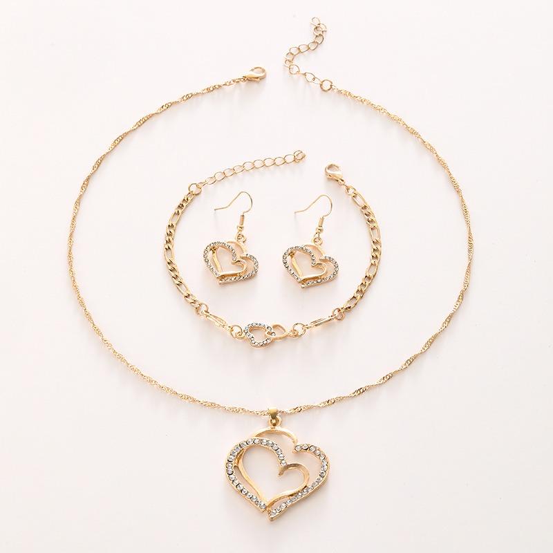 Double Heart Gold Jewelry Set for Women Hollow Crystal Zircon Necklace Earrings Bracelet Bridal Jewelry for Engagement Wedding Party Daily Prom