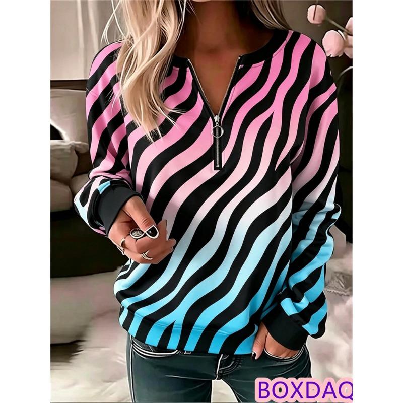 Autumn Winter Women Sweatshirt Pullover Tops Loose V-neck Abstraction Striped Print Long Sleeve Casual Sweatshirt Plus Size 2XL