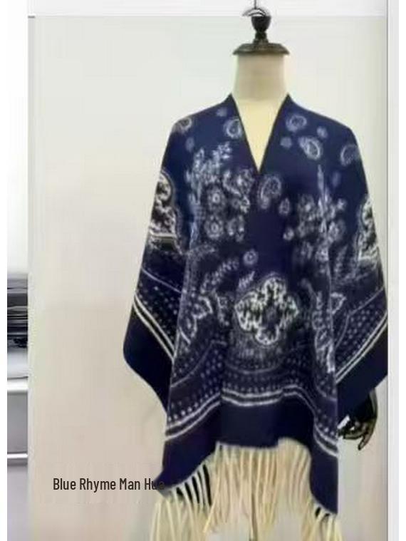 Elegant Ethnic Ink Painting Cape Shawl with Tassels - Versatile Travel Scarf Cloak