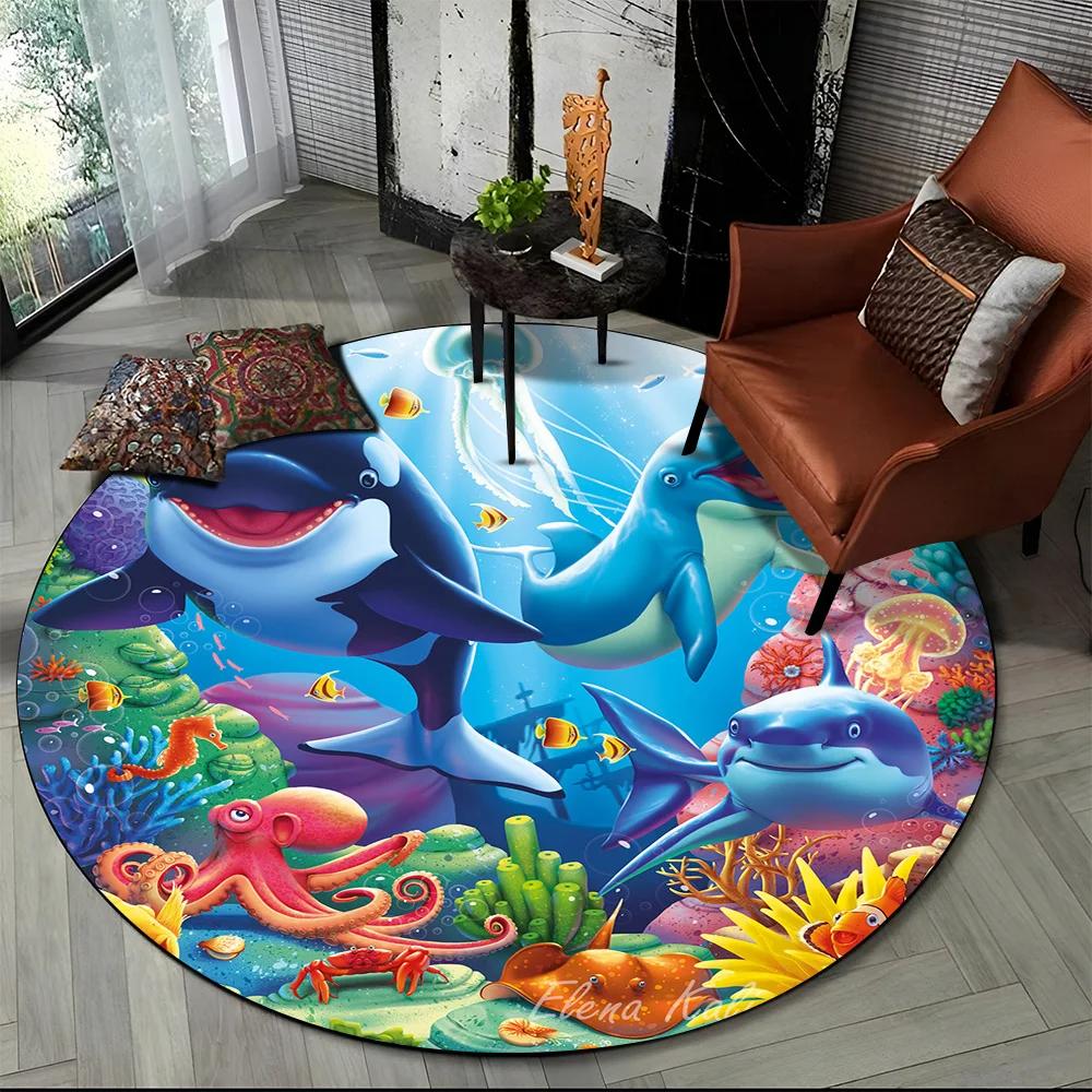 Underwater World Seabed Fish Dolphin Cartoon Round Carpet Rug for Living Room Bedroom Kids Decor,Pet Area Rug Non-slip Floor Mat