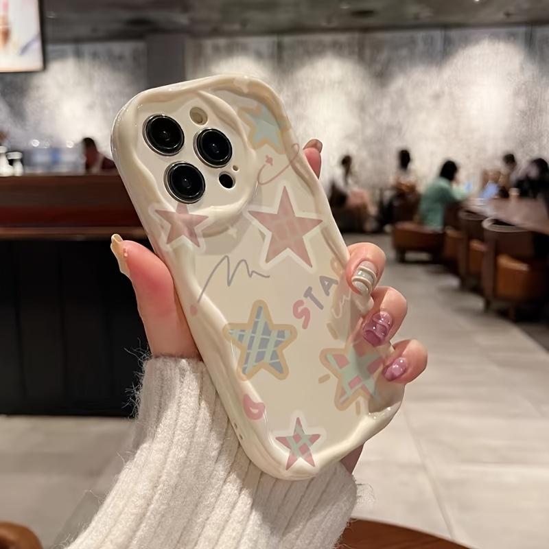 Korean Fashion Star Pattern Phone Case For iPhone 17 Pro 16 15 14 Plus 13 12 11 Pro Max 16e 17e Cream Wavy-edge Shockproof Cover