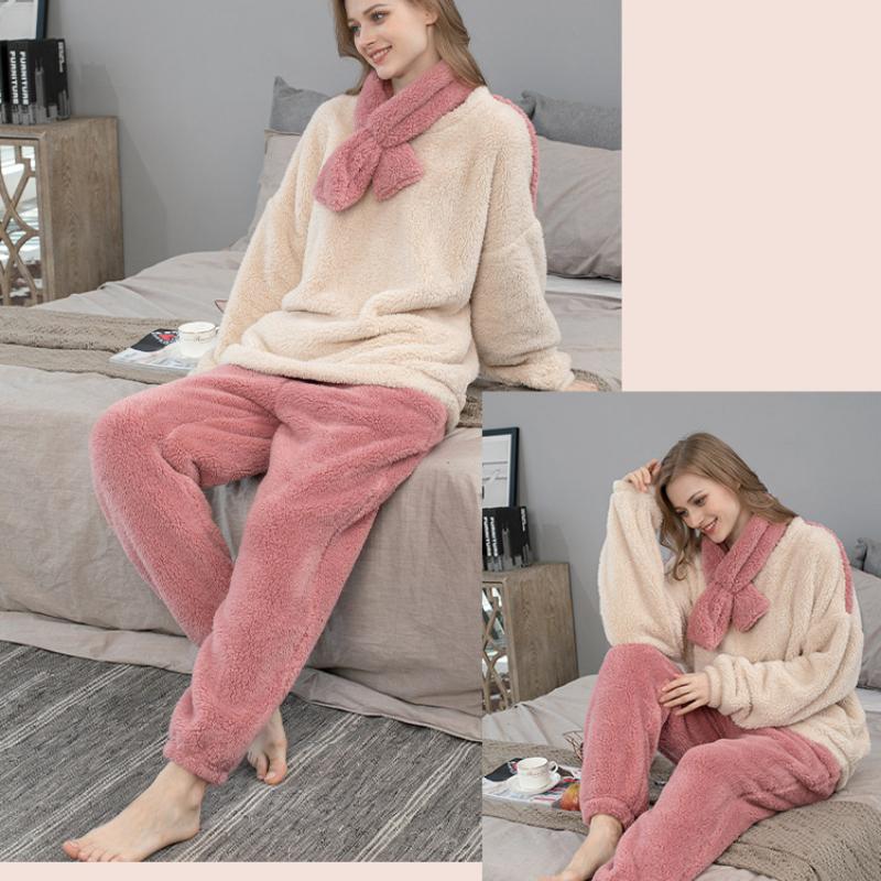 Thicken Coral Fleece Pajamas Set Women Winter Warm Vintage Casual Kawaii Sweet Girl Suit Homewear Plus Size Two-piece Suit Chic