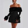 Plush Patchwork Long Sleeve Off Shoulder A-Line Dress Women Winter Slim Fit Elegant Short