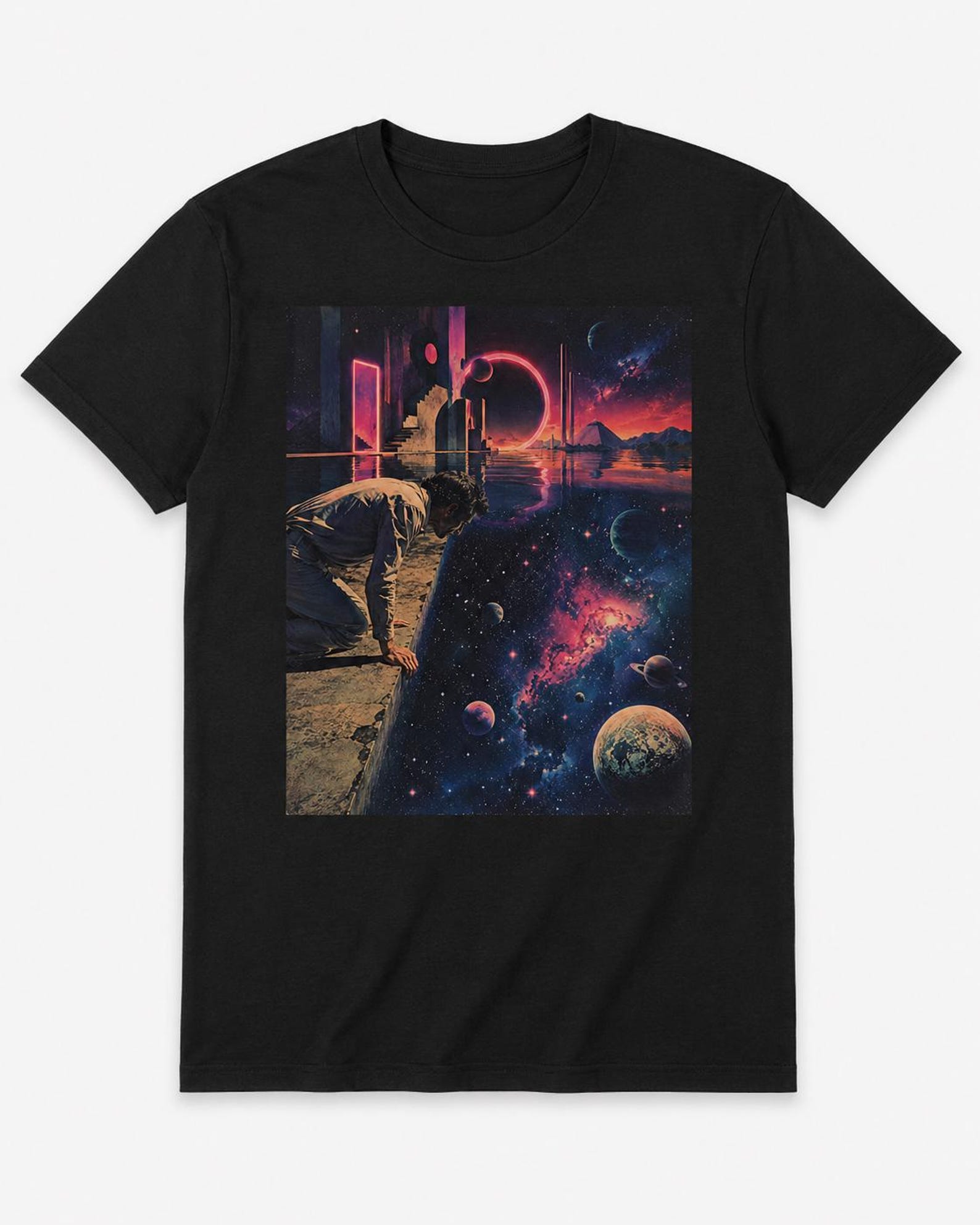 Retro Futuristic Space T-Shirt, Vaporwave Cosmic Graphic Tee, Sci Fi Portal Shirt, Surreal Galaxy Art Gift S