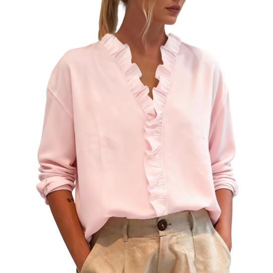

Women Shirt V-Neck Ruffle Trim Long Sleeve Pullover Tops Regular Fit Basic Collar Solid Color Casual Tops Daily Wear S розовый
