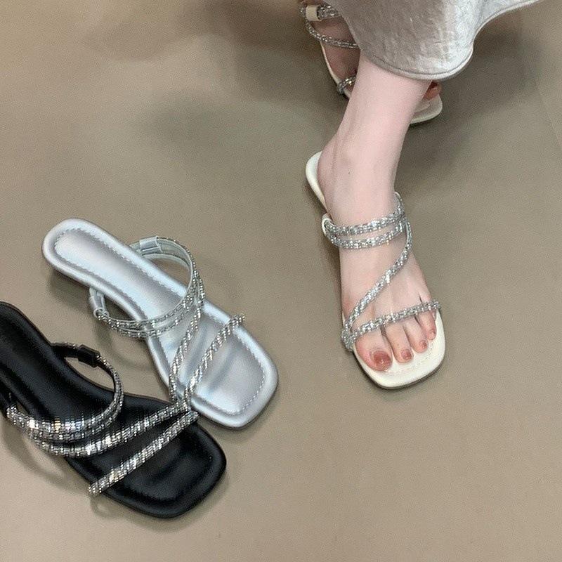 One-word drag 2025 new rhinestone one-word strap low heel fashion women's cool slippers summer two wear