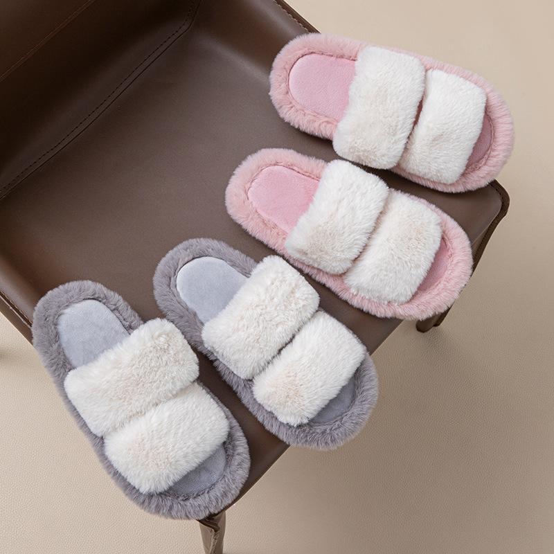 Fashion Fashion  Fur Slippers Women Indoor Light Warm Plush Home Slippers Woman Faux Fur Flat Heel Couple Slides  Pantuflas Mujer