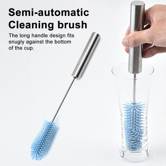 Silicone Bottle Brush with Stainless Steel Long Handle Press-Rotating Design Soft