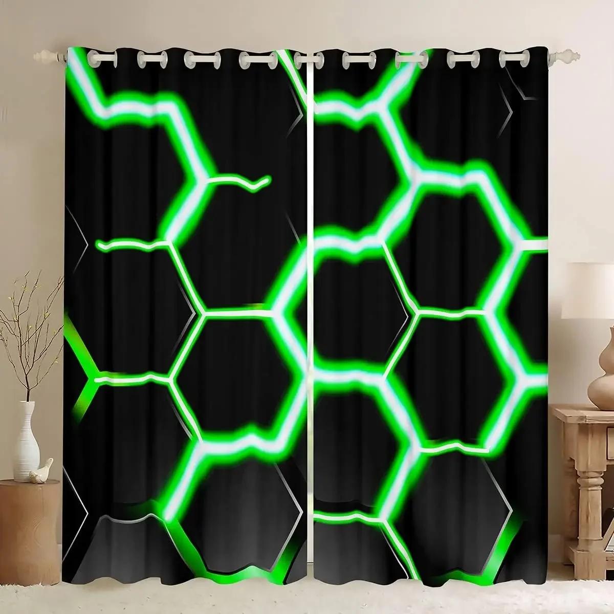 

3D 2 panel Glowing Honeycomb Hexagon Geometric Printed Curtains Bedroom Game Room Living Room Kitchen Windows Grommet Top cortin (W50cmxH130cm)x2&Grommet Top